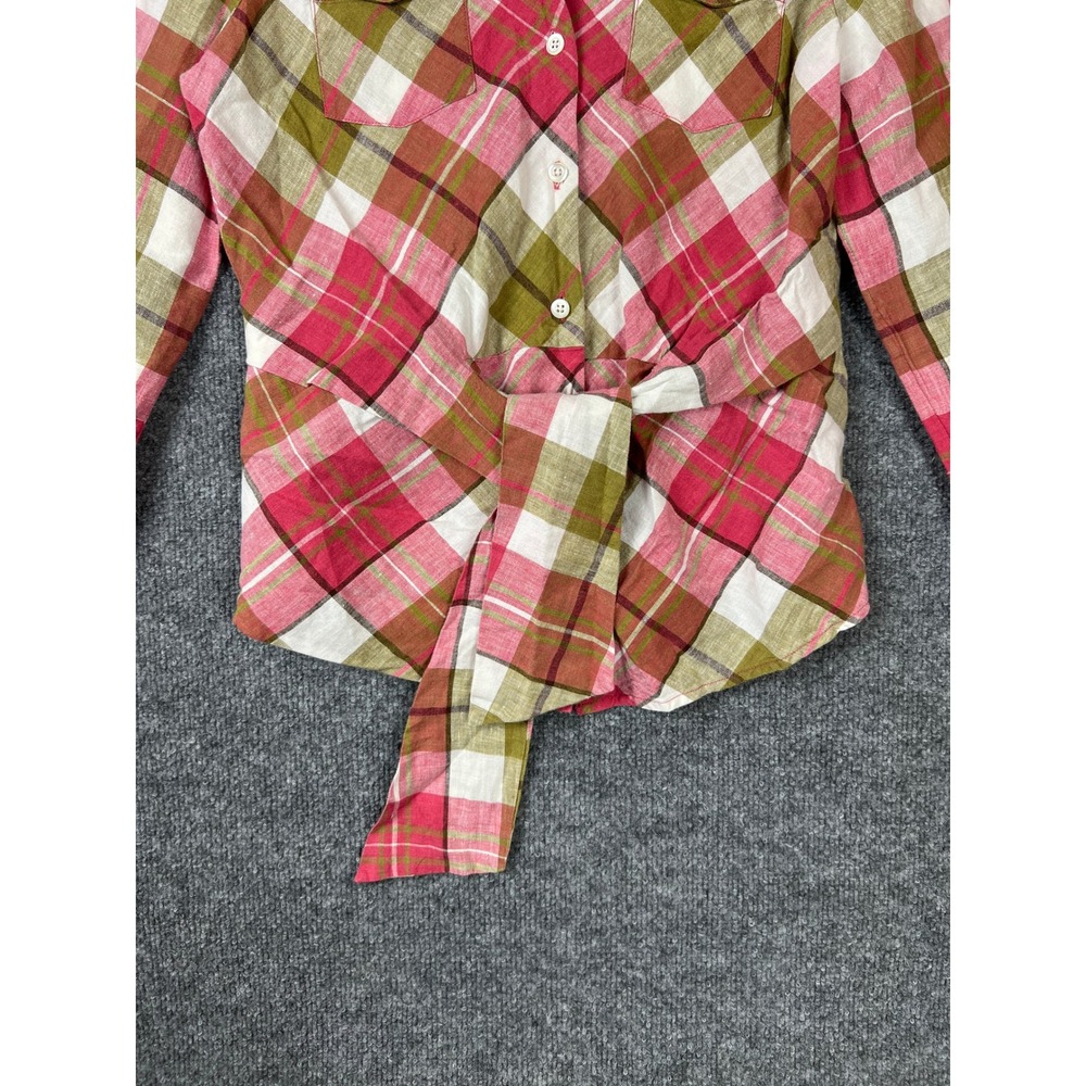 Jones New York Signature Womens Blouse Sz Small Pink Plaid Tie Front Linen Shirt - Picture 3 of 10